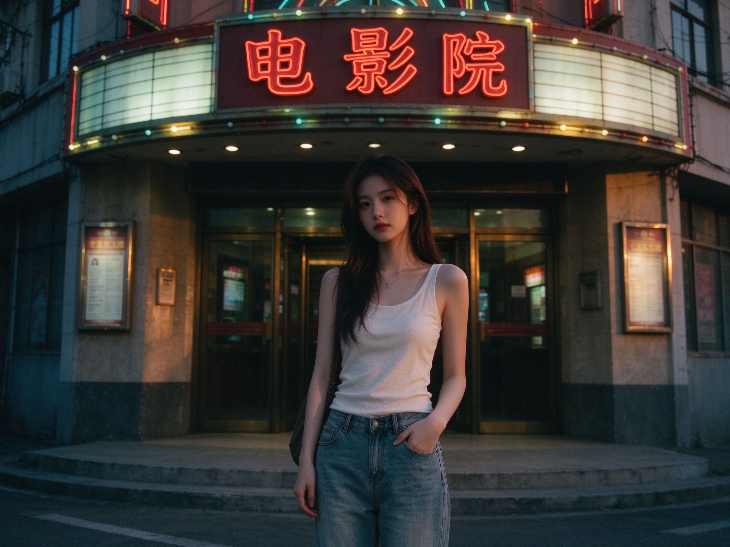 黄昏电影院门前景象人像示例占位